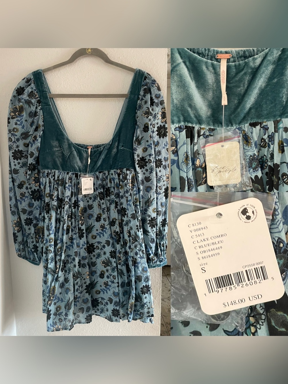 NWT Free People Women's Teal Blue Floral Velvet Yoke Dress